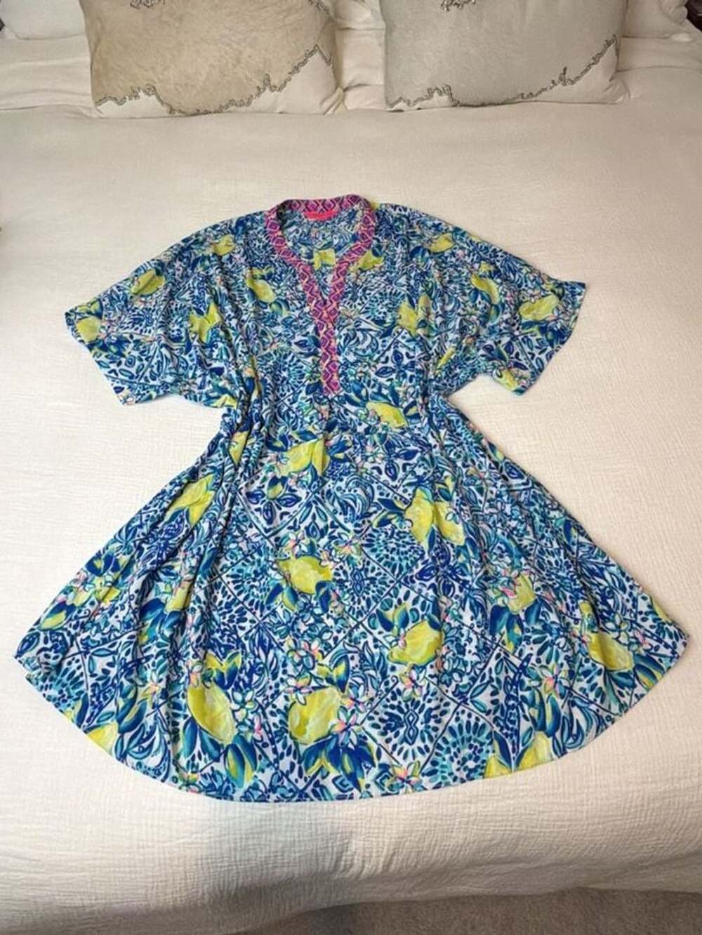 Lilly Pulitzer Blue and Yellow Floral Lemon Print Swim Cover Up Kaftan Dress